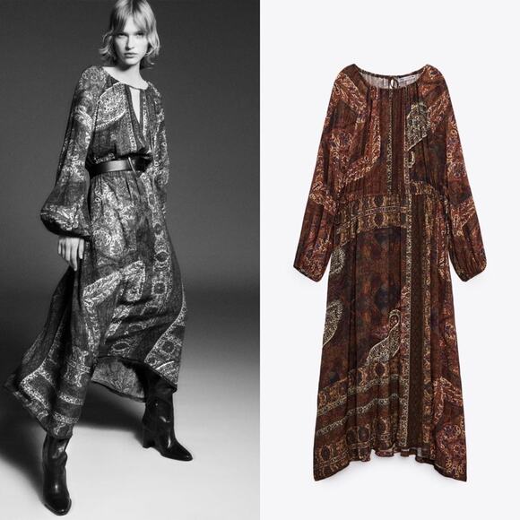ZARA BLOGGER FAVORITE PRINTED MIDI DRESS BRICK - Picture 7 of 13